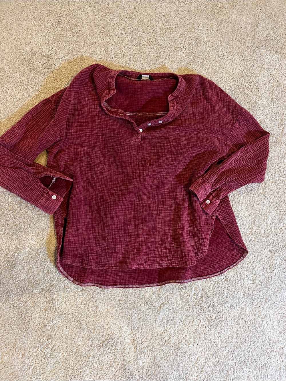 Womens Burgundy Button-Trim Gauze Henley Top